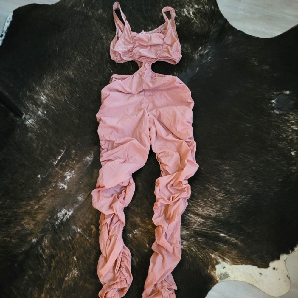Side cut out, ruched side pink jumpsuit